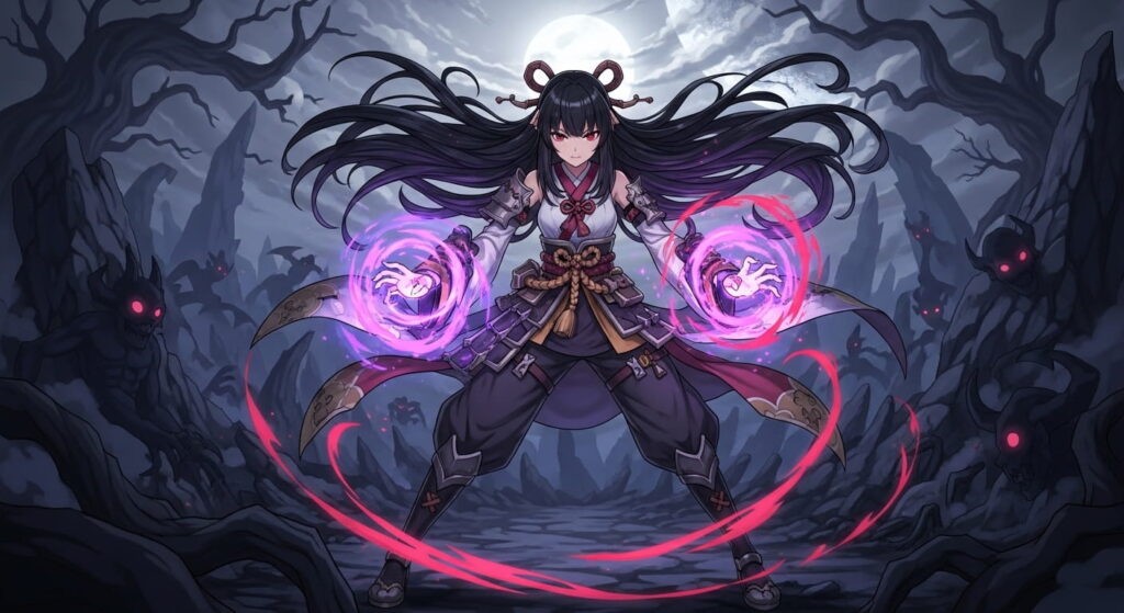 Anime girl with purple and black hair holds two glowing orbs