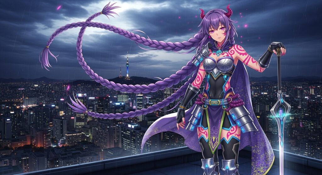 Anime girl with purple hair and armor stands confidently on a rooftop