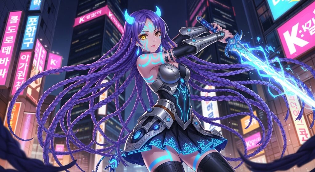 Anime girl with purple hair and blue eyes