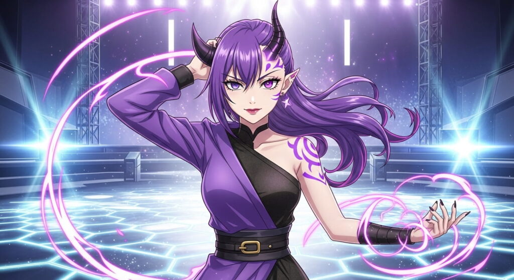 Anime girl with purple hair and horns