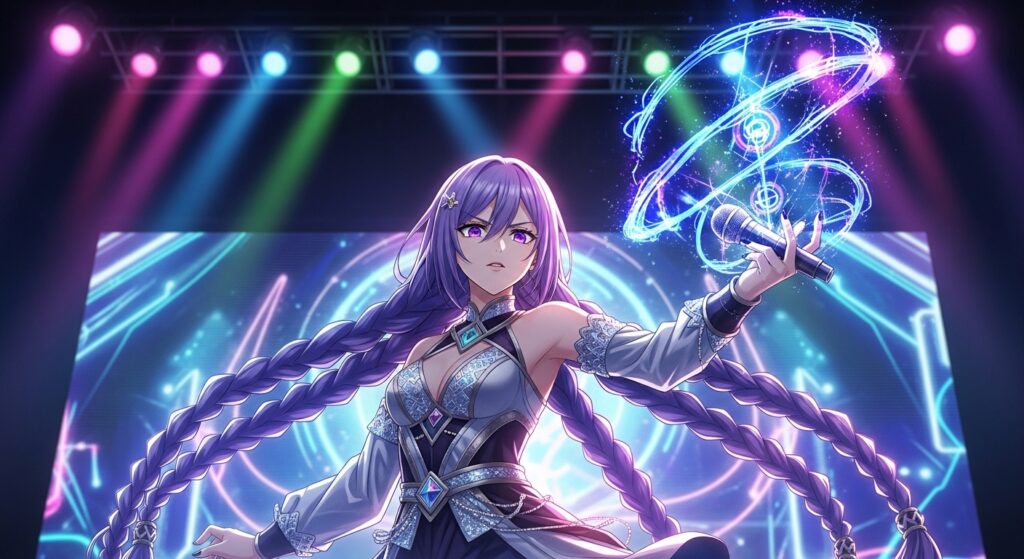 Anime girl with purple hair holding a glowing orb