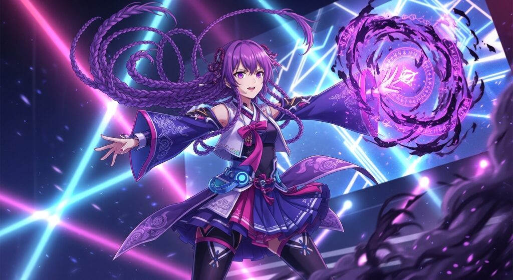 Anime girl with purple hair surrounded by glowing purple lights
