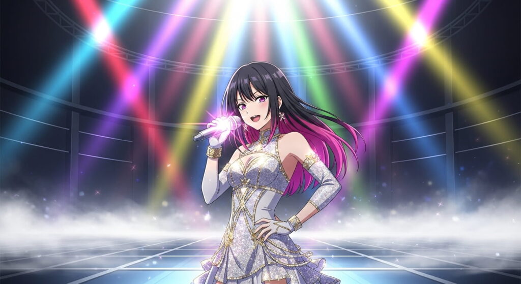 Anime girl with purple hair wearing a flowing white dress