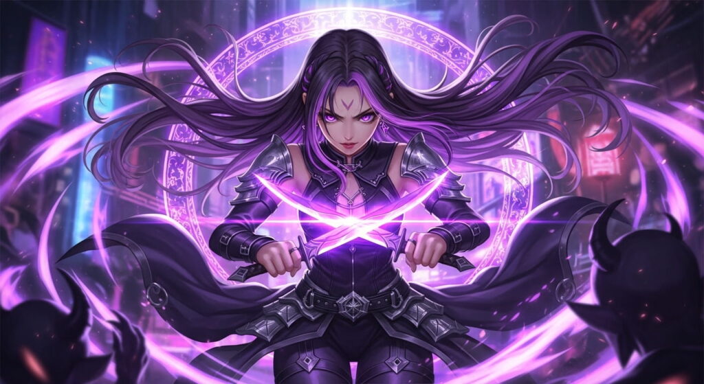 Anime girl with purple hair wielding a sword