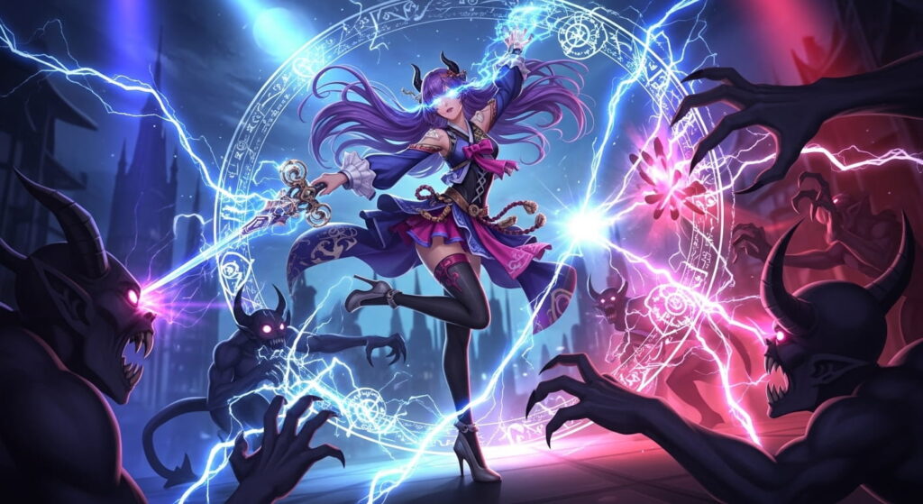 Anime girl with purple hair wielding a sword