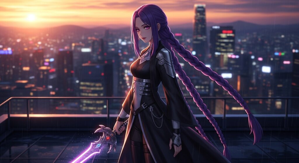 Anime girl with purple hair wielding purple lightsabers