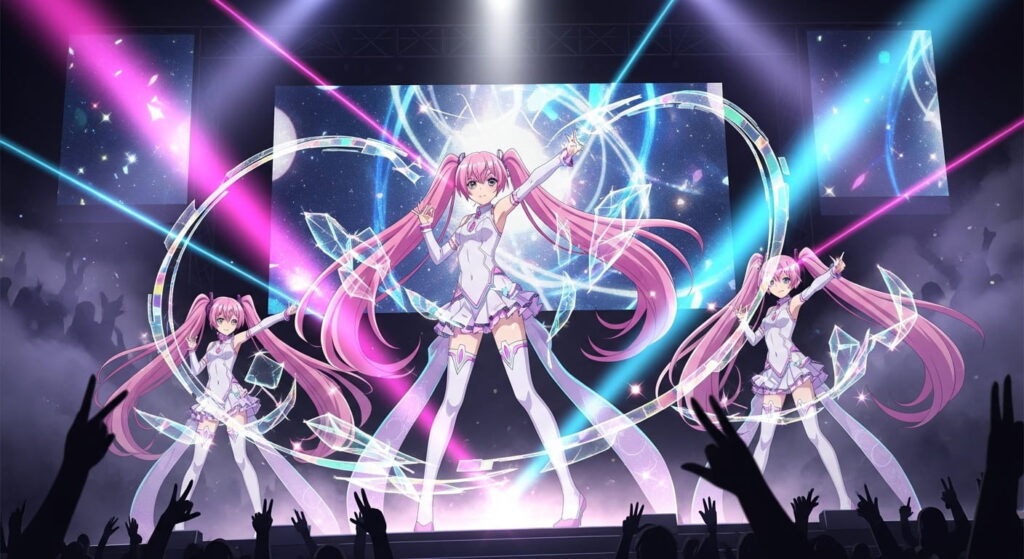 Anime girls with long pink hair performing on stage