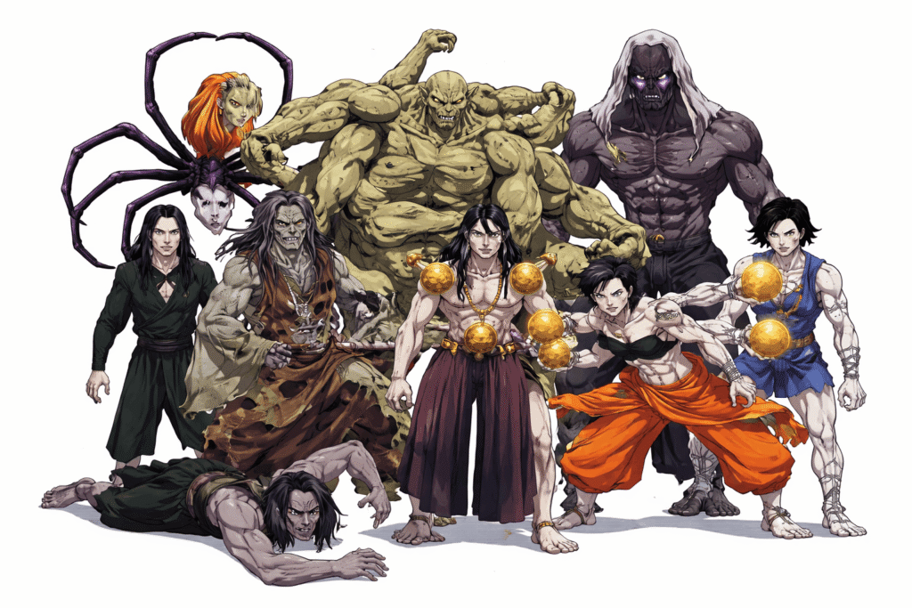 Anime-style group of powerful demon warriors and villains standing together