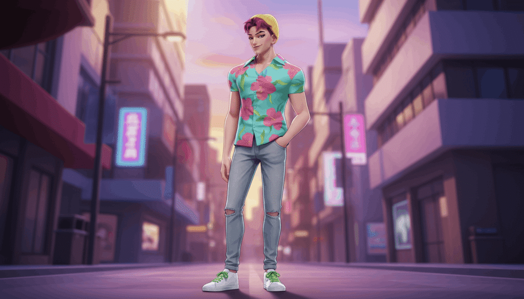 Anime-style young male character with purple hair