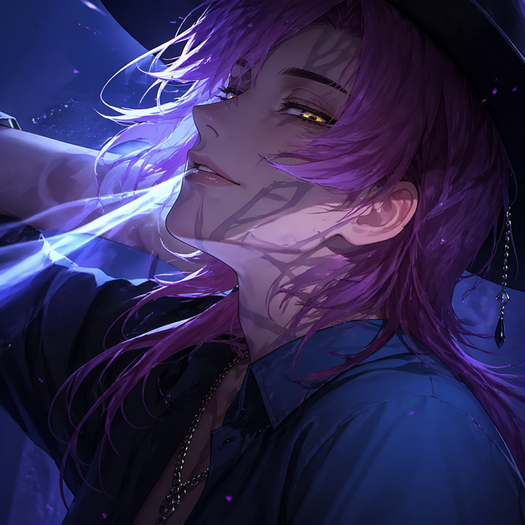 Anime wallpaper of a pink-haired character with glowing golden eyes and a dark