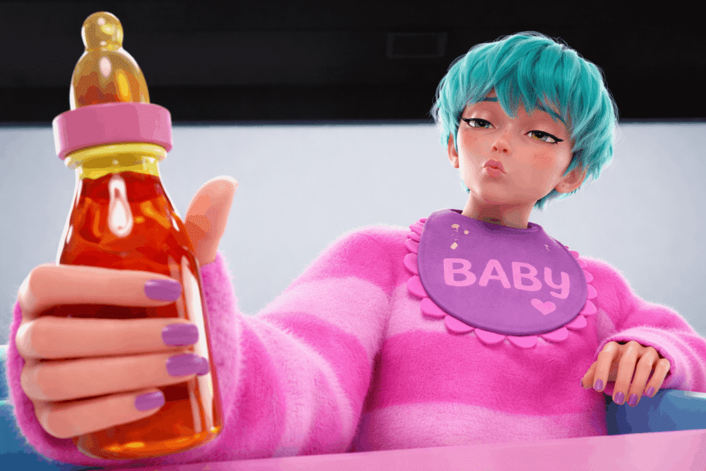 Baby Saja character holding a baby bottle with red liquid