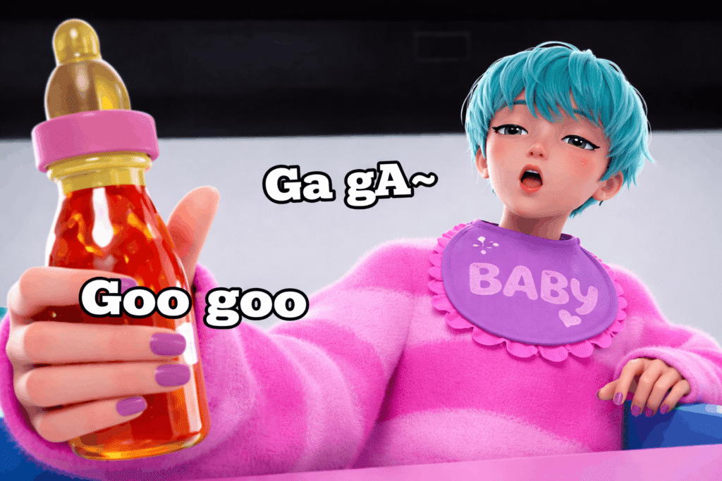 Baby Saja holding a bottle with red liquid, wearing a pink sweater and “Baby” bib