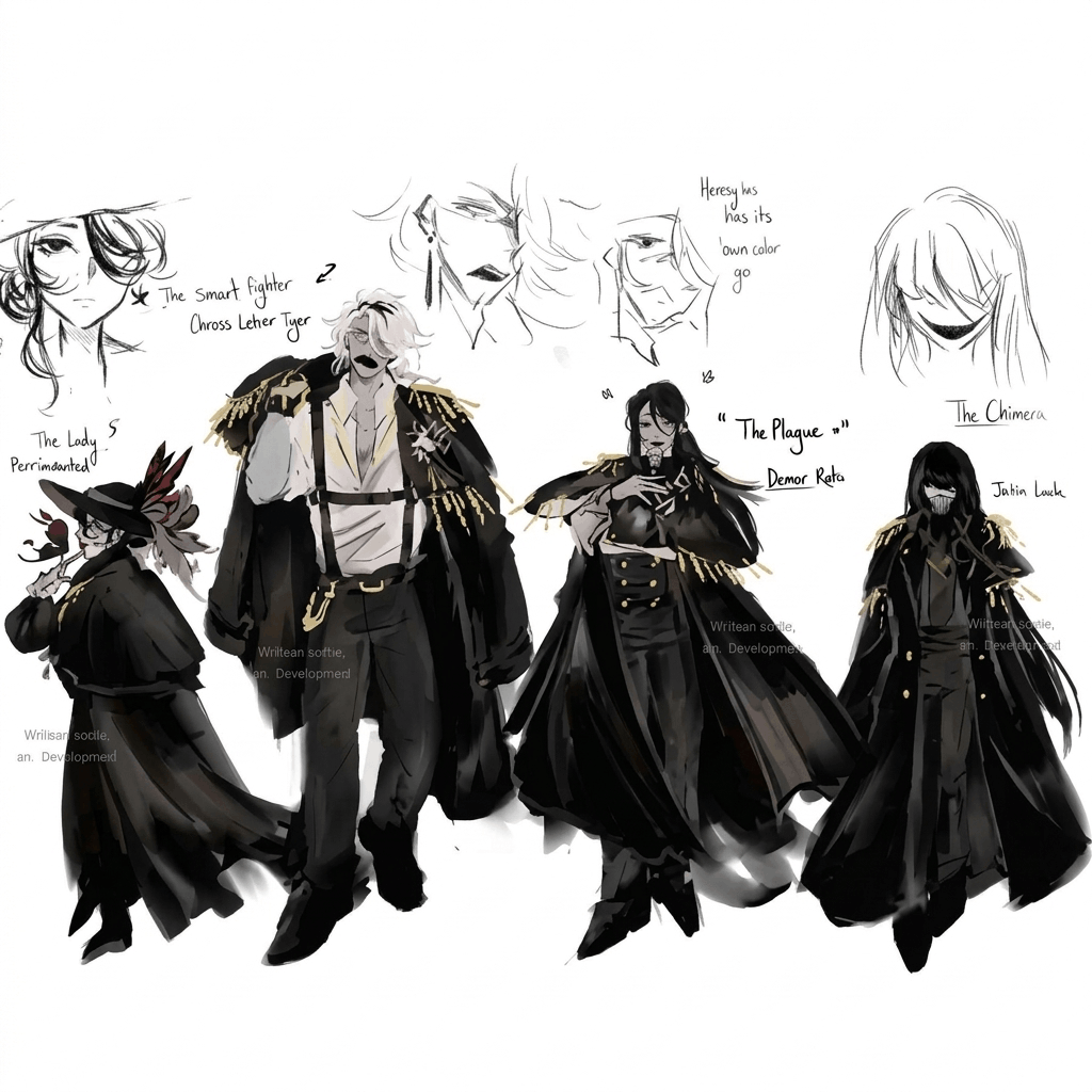 Black and white sketches of various characters