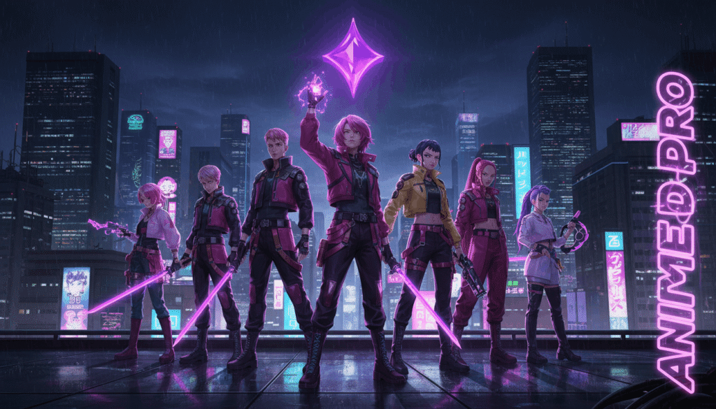 Bright neon lights highlight the animated pro team