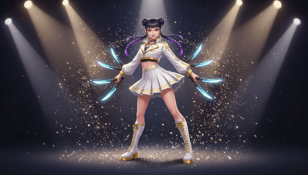 Cartoon character wearing a white dress adorned with blue lights