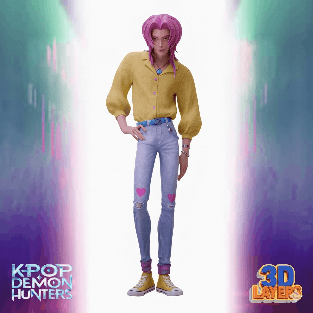Cartoon character with pink hair wearing jeans