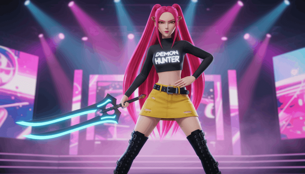 Cartoon character with pink hair wielding a sword