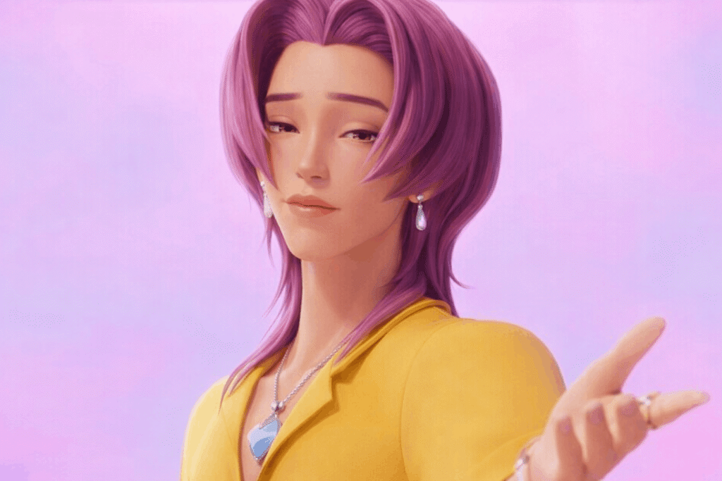 Cartoon character with purple hair wearing a bright yellow shirt