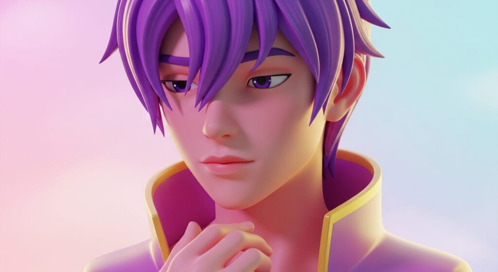 Cartoon character with vibrant purple hair and matching purple eyes