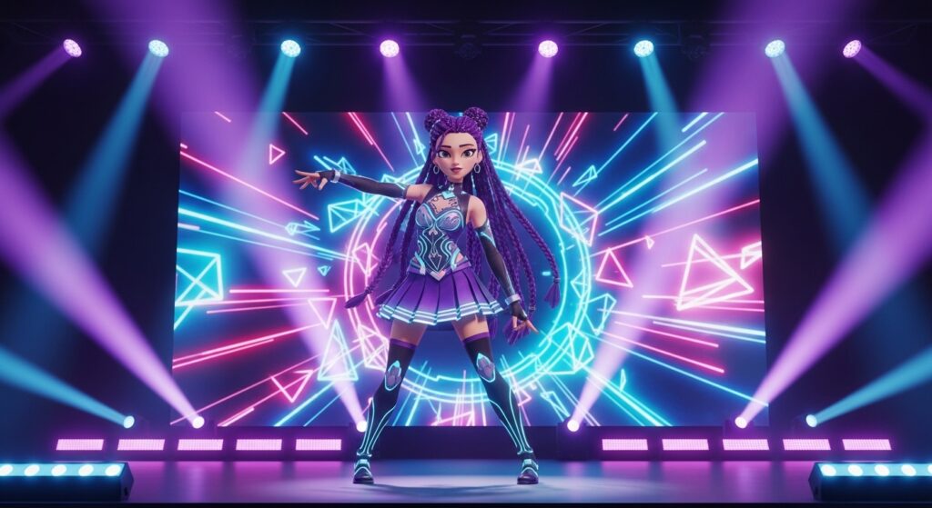 Cartoon girl in purple and blue clothing performing on stage