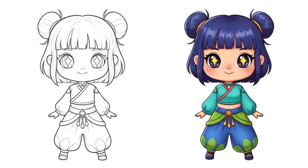 Cartoon girl in traditional Japanese clothing stands beside a cartoon boy in traditional Korean attire