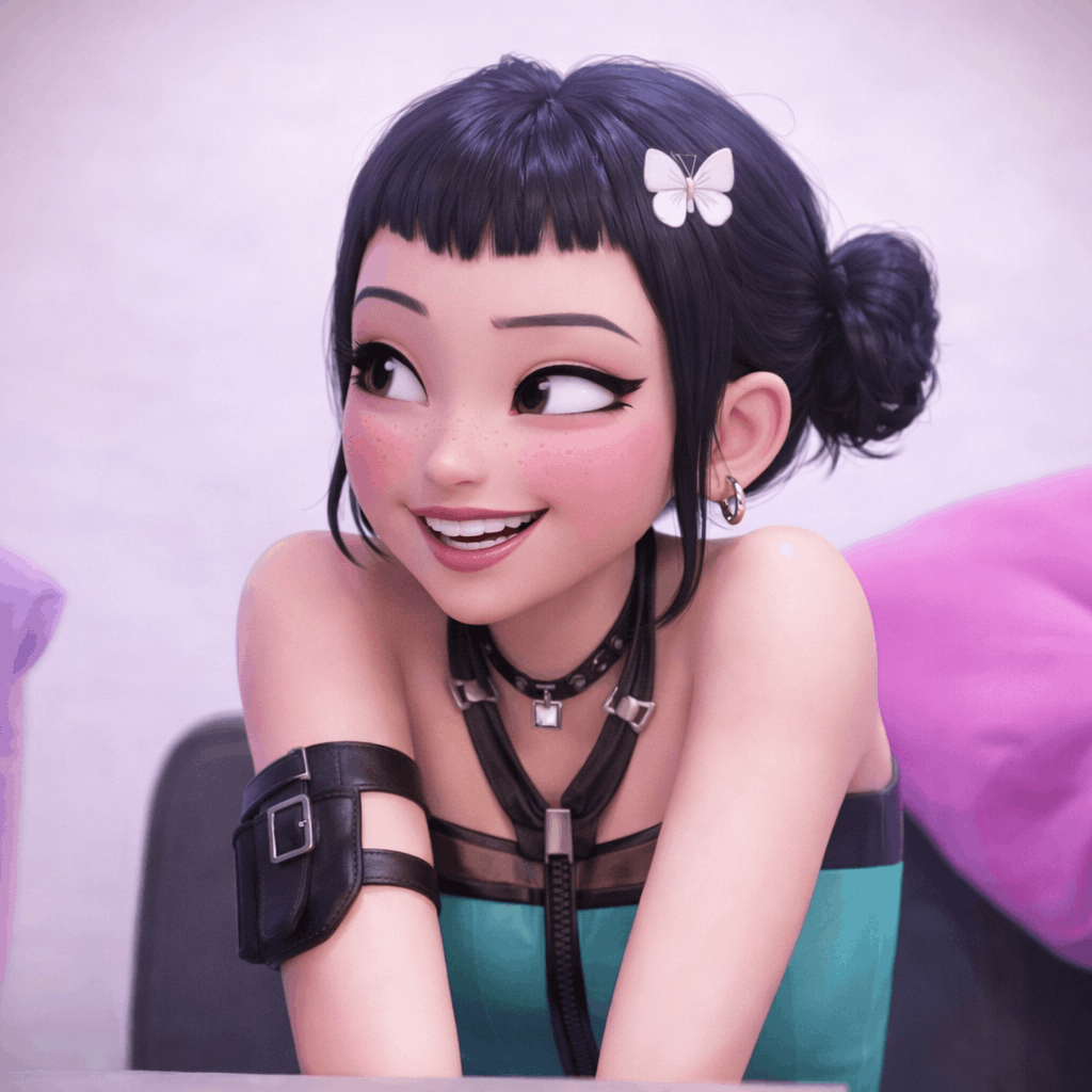 Cartoon girl with black hair wearing a blue dress