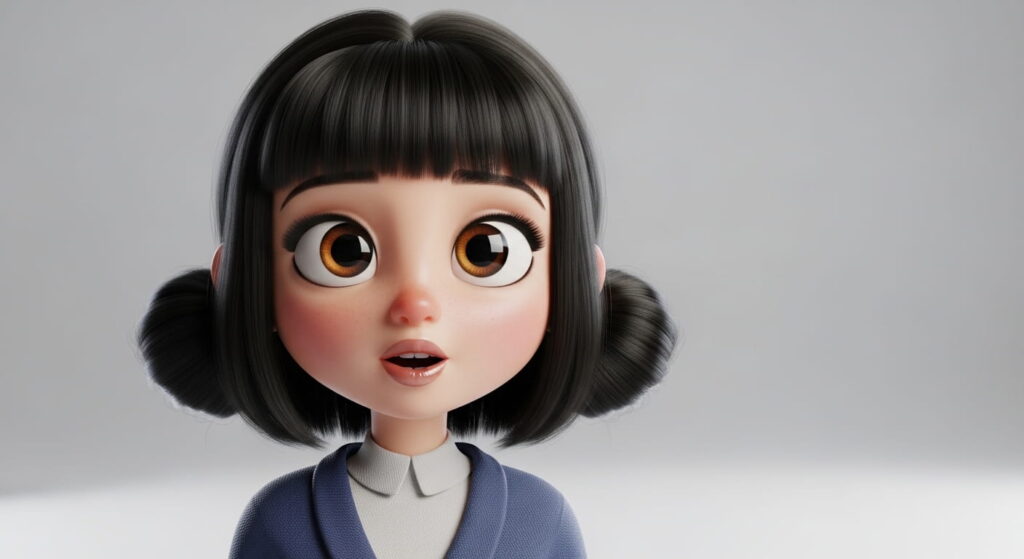 Cartoon girl with large eyes and a wide smile