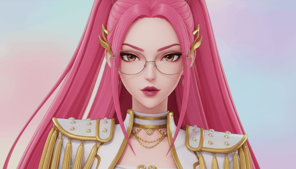 Cartoon girl with pink hair and glasses