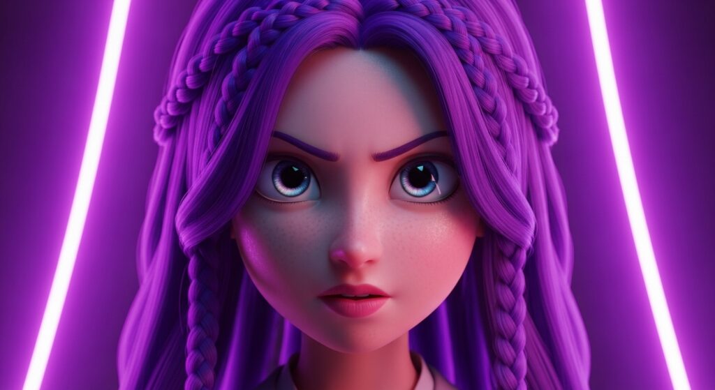 Cartoon girl with purple hair stands beside a glowing neon sign