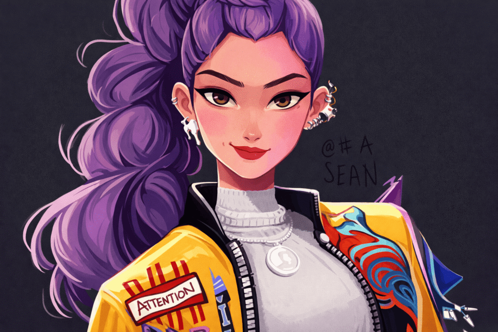 Cartoon girl with purple hair wearing a stylish jacket