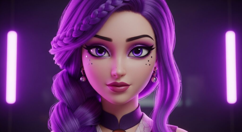 Cartoon girl with vibrant purple hair and matching purple eyes