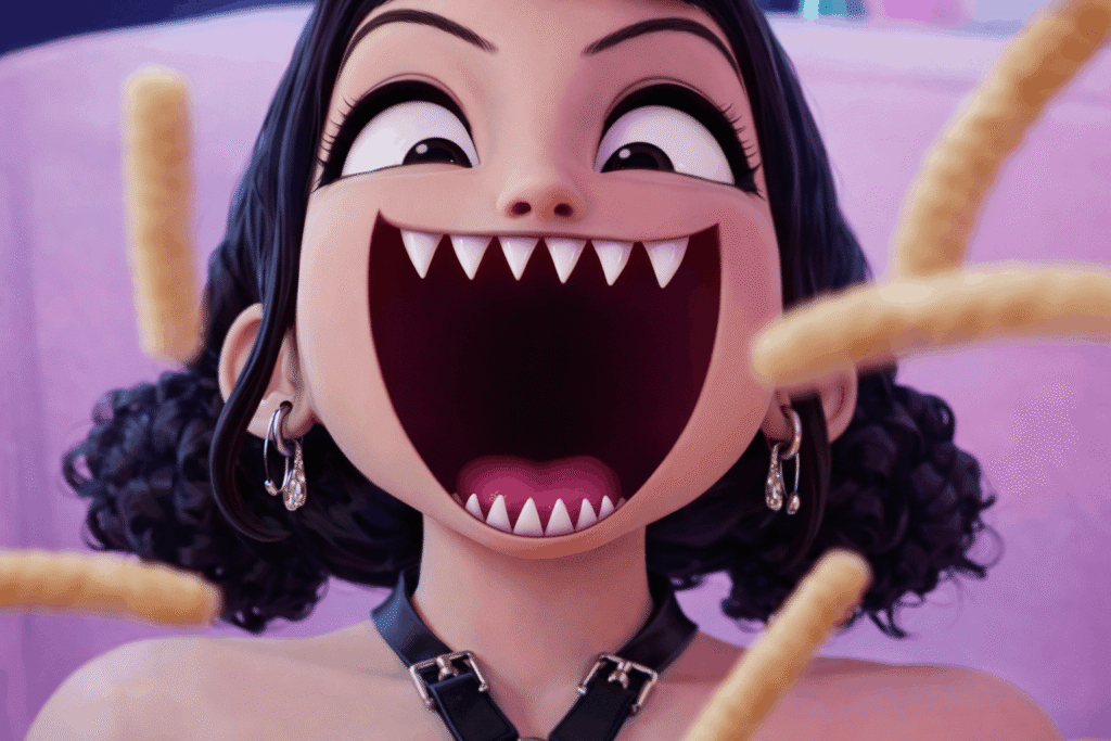 Cartoon woman smiling widely with her mouth open