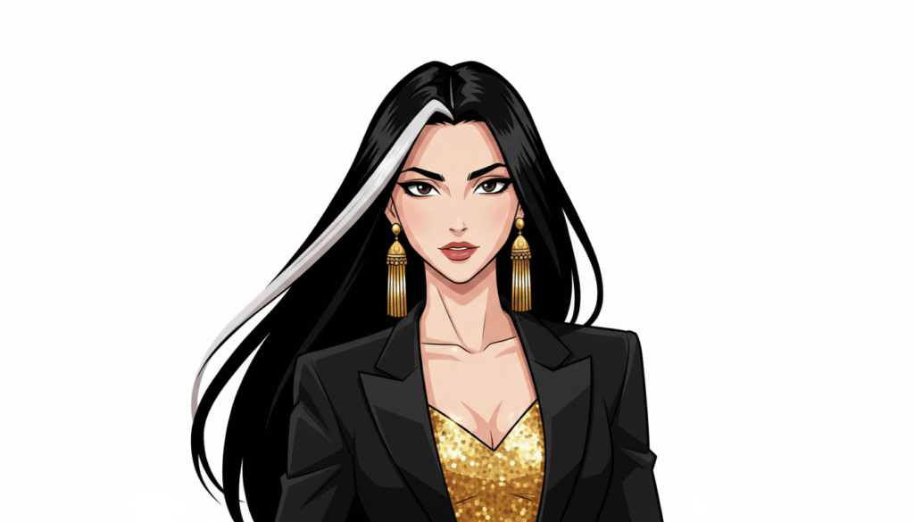 Cartoon woman with long black hair adorned in gold jewelry