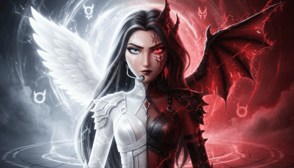 Celine Kpop Demon Hunters, half angel half demon look, one side glowing white