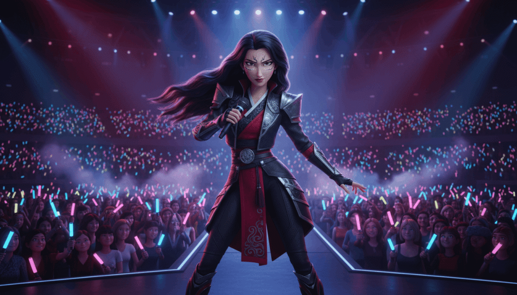 Celine Kpop Demon Hunters, performing on stage with demon hunter outfit