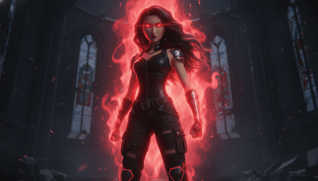 Celine Kpop Demon Hunters, powerful female idol surrounded by red fire aura