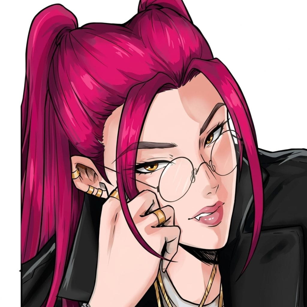 Celine Kpop with pink hair and glasses smiles