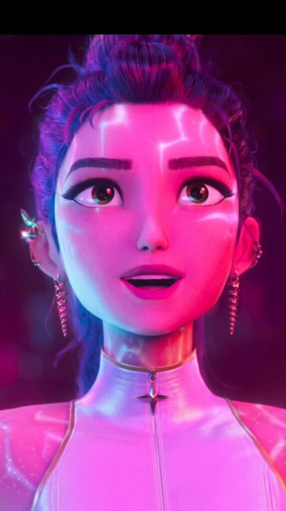 Celine Kpop with purple hair and pink eyes stands out with her unique