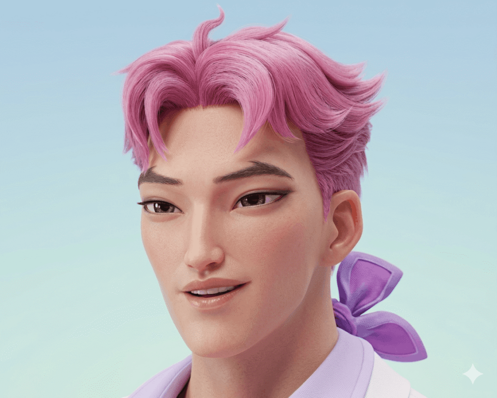 Close-up of a pink-haired character with purple patterned skin