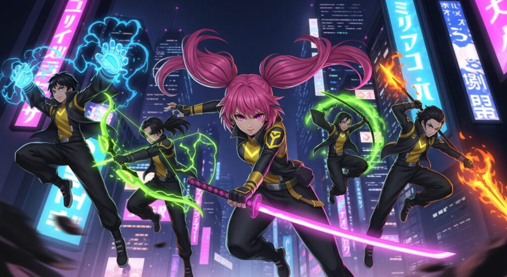 Colorful anime characters with pink hair surrounded by glowing neon lights