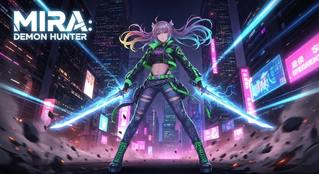 Cover of Mira Demon Hunter, featuring a fierce female protagonist against a dark