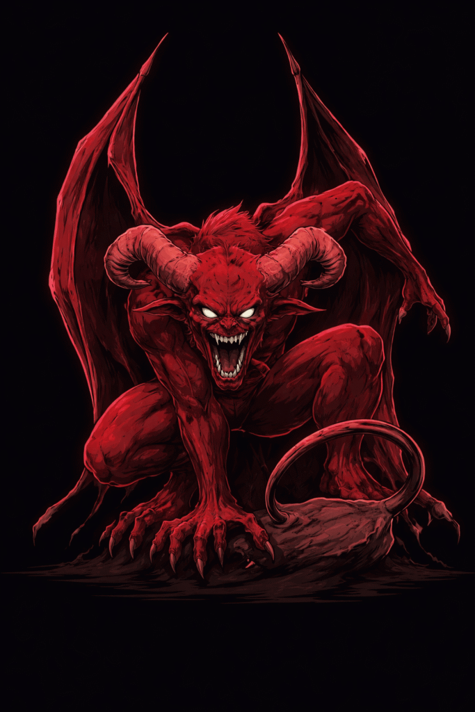 Creepy red demon with horns, wings, sharp claws