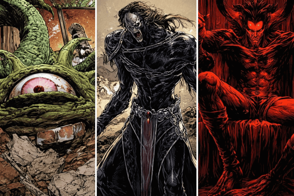 Dark comic-style triptych featuring three demonic characters—a one-eyed monster with tentacles