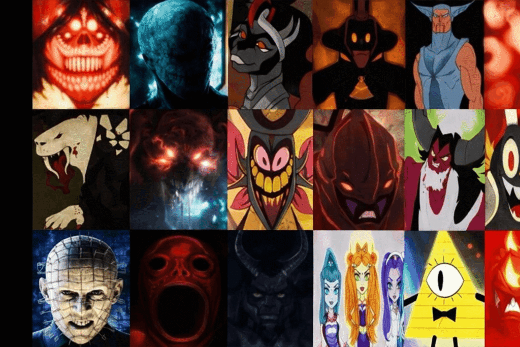 Dark demon collage featuring multiple evil characters with glowing eyes
