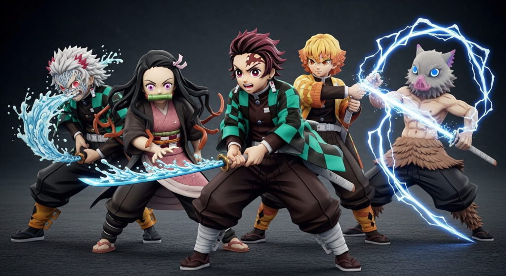 Demon Slayer anime characters, Tanjiro Kamado with water breathing sword