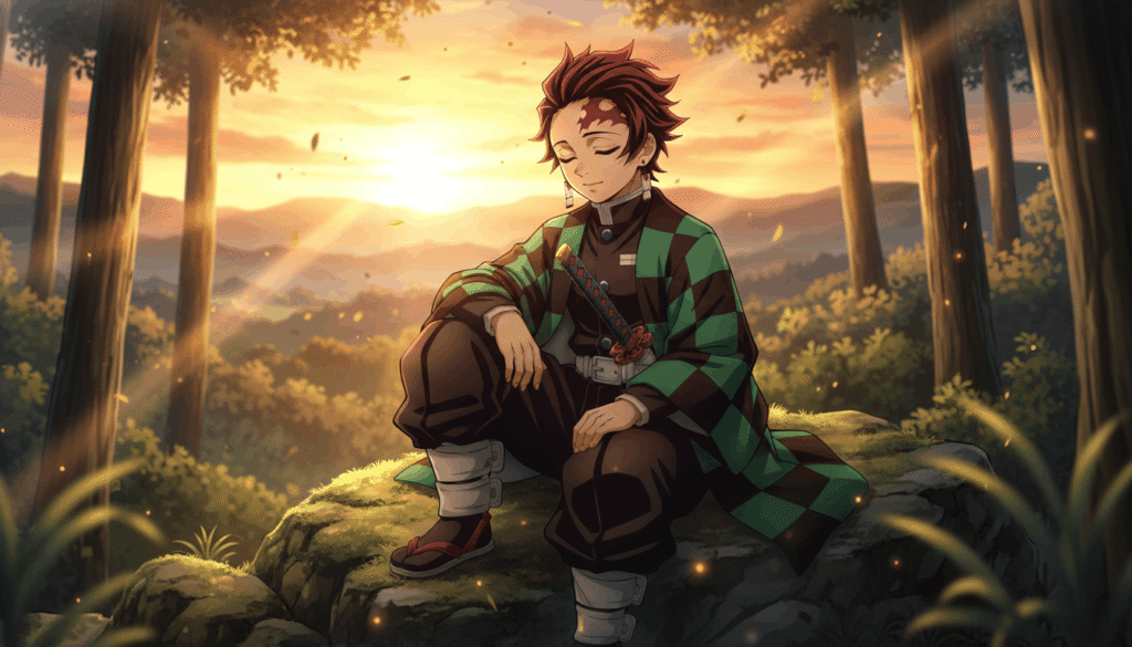 Demon Slayer characters, anime boy sitting quietly with sword