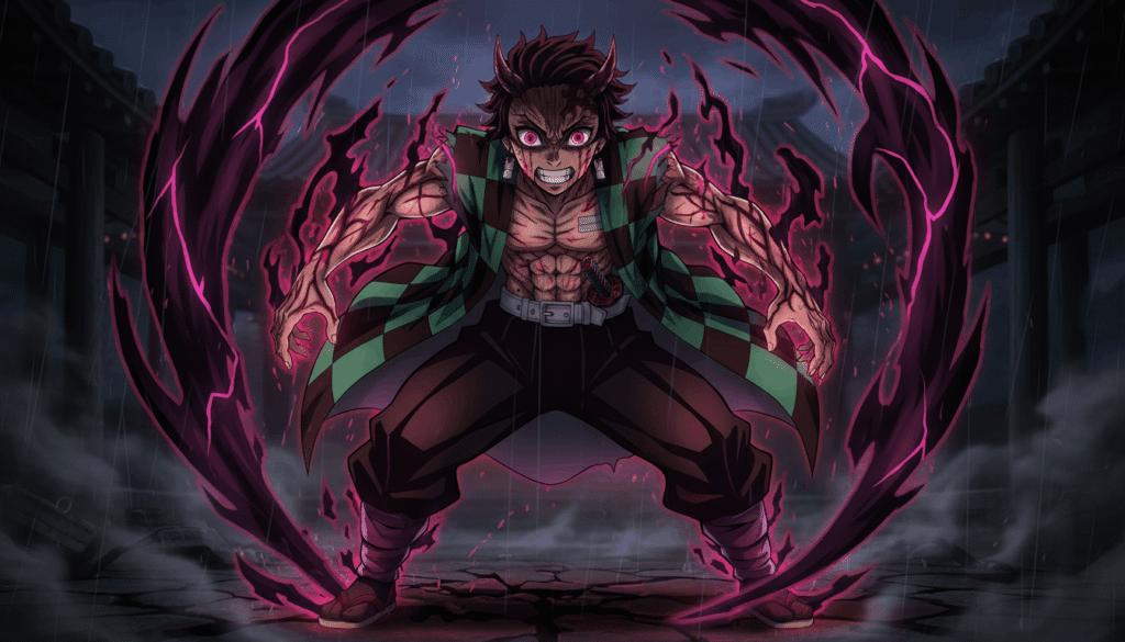 Demon Slayer characters, anime warrior transforming into demon