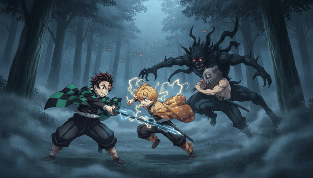 Demon Slayer characters fighting demon in dark forest