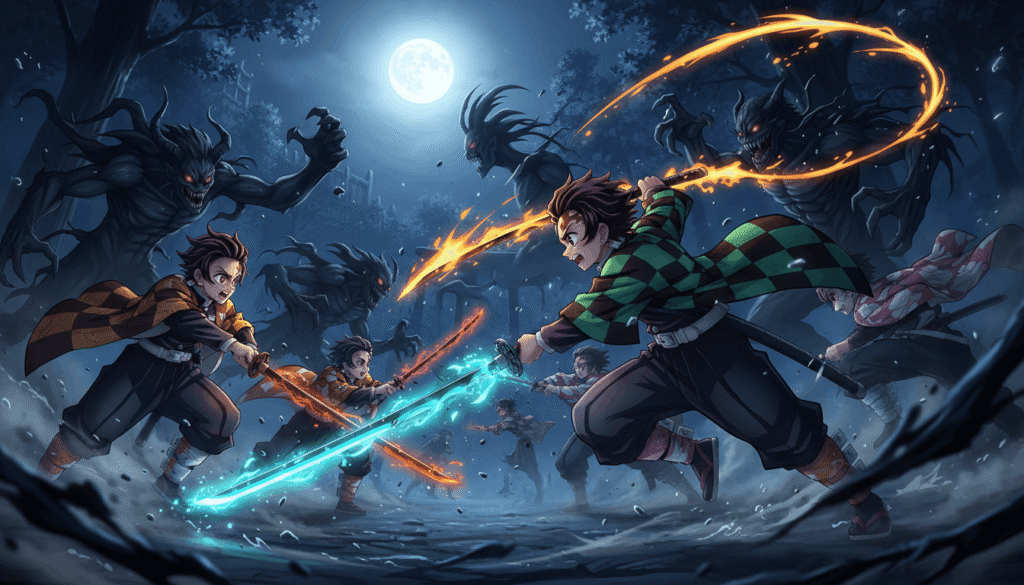 Demon Slayer characters fighting demons at nigh
