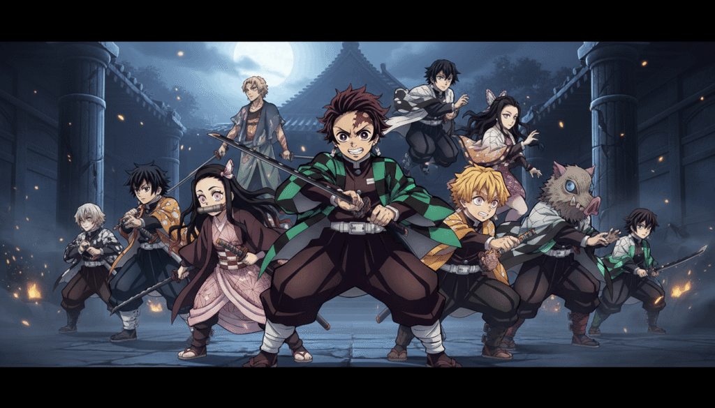 Demon Slayer characters group, multiple anime warriors
